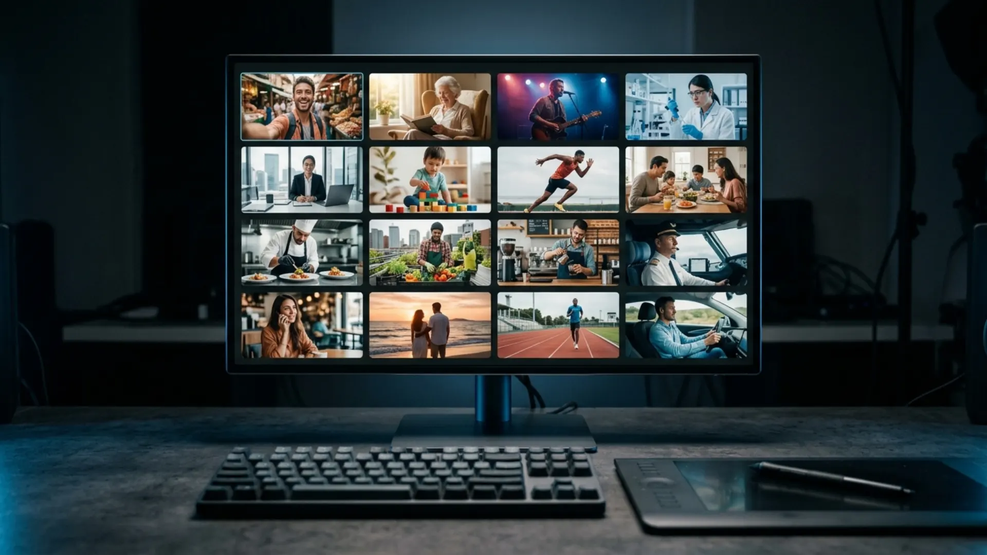 Monitor showing a grid of AI generated video clips in an editing workspace, illustrating CapCut's 2026 AI model options