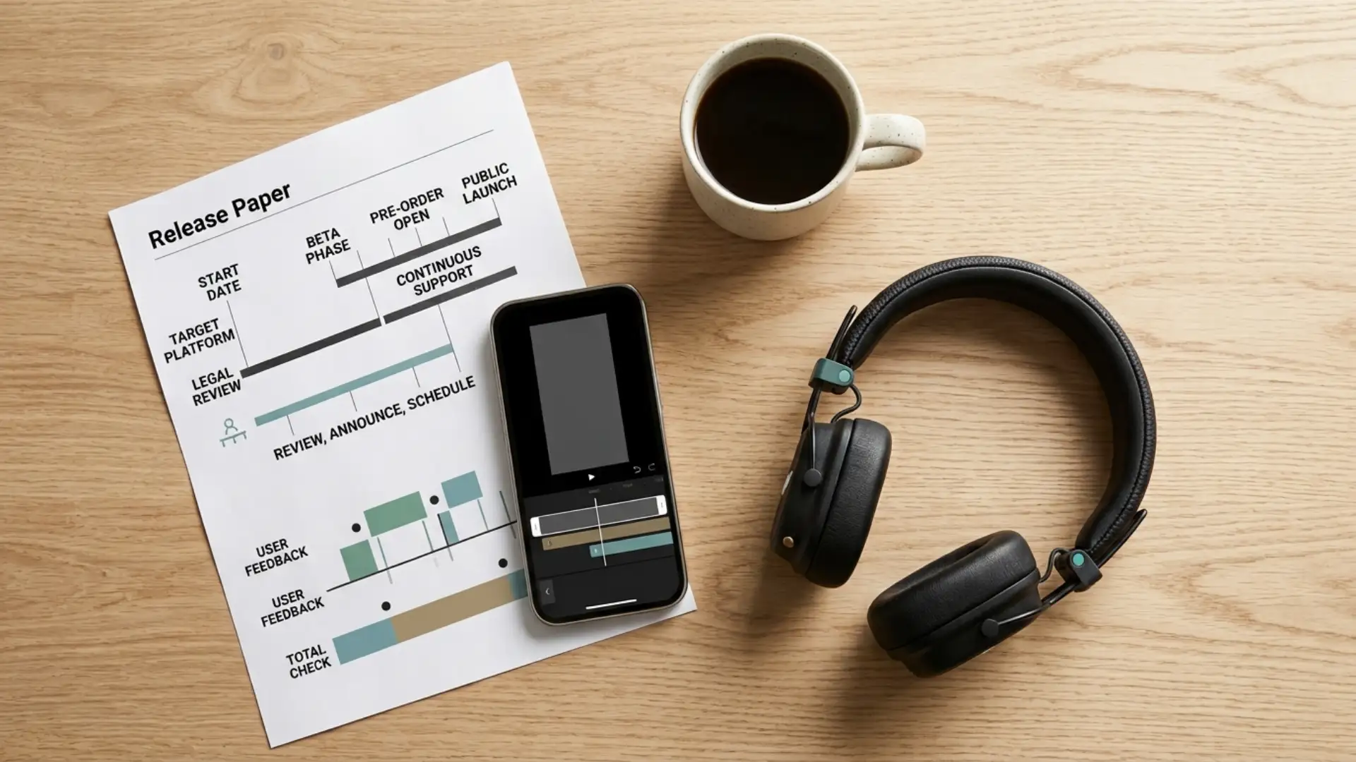 Flat-lay of a video creator's desk with a printed update timeline, phone and headphones representing the CapCut 2026 release schedule