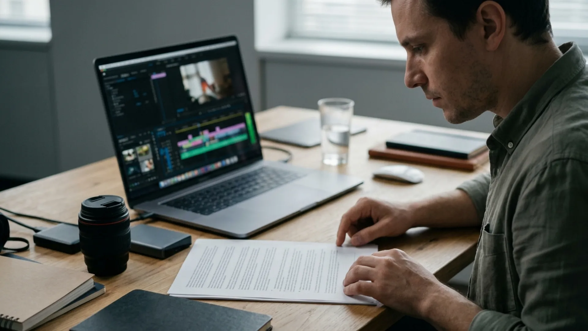 Freelance video editor reviewing a client contract next to a laptop running a video editing timeline