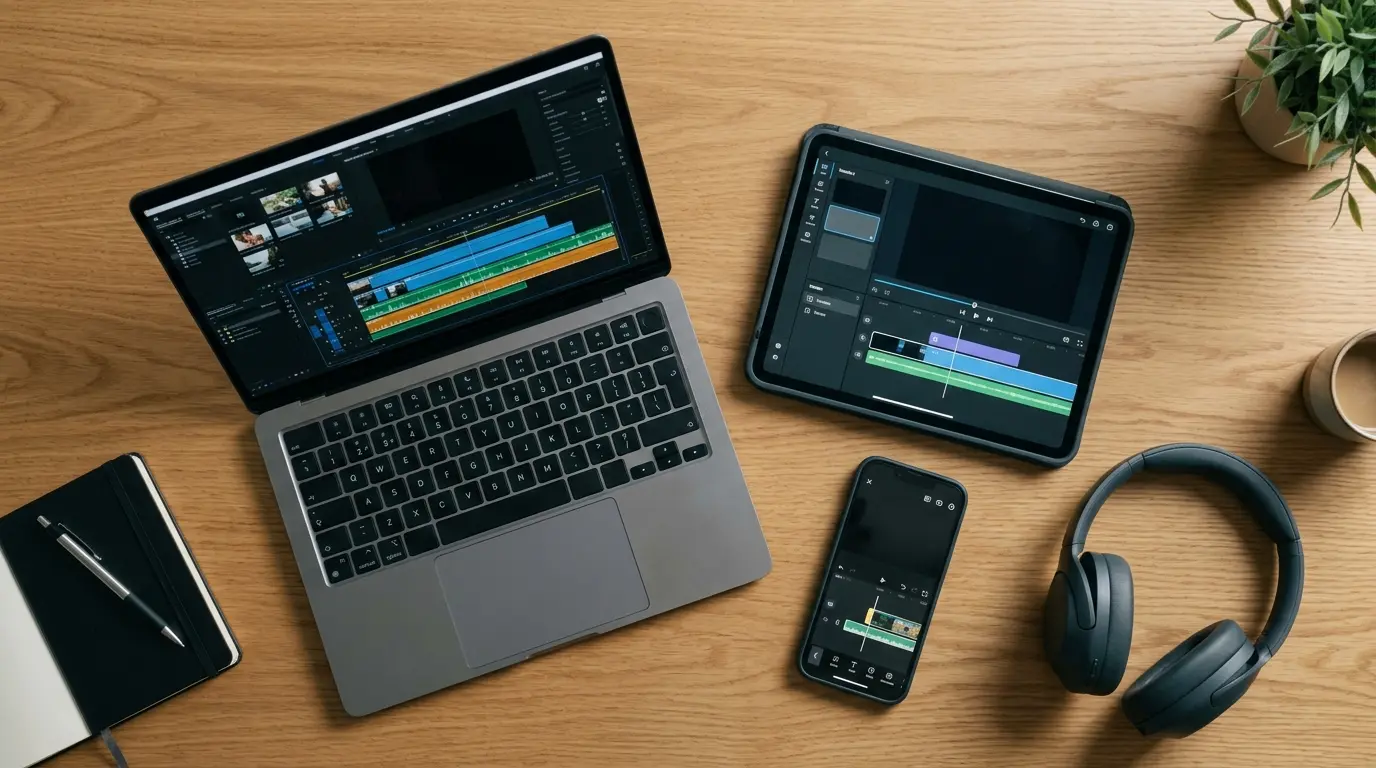 Phone, tablet, and laptop showing different video editing apps as CapCut Pro alternatives
