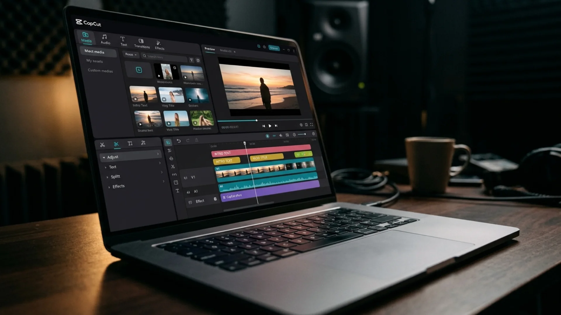 Editing timeline with a warm light leak transition overlaid on a video preview, showing custom assets layered over stock effects