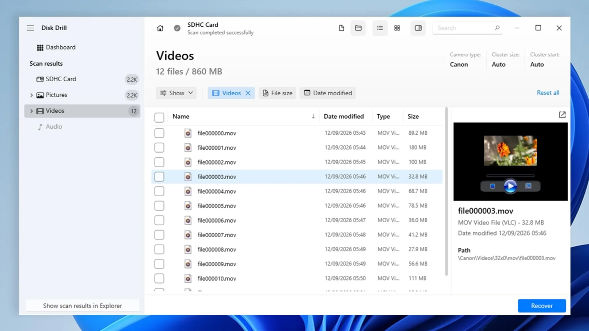 Disk Drill software interface previewing a recovered MOV video file named file000003 with a video frame preview in the side panel.