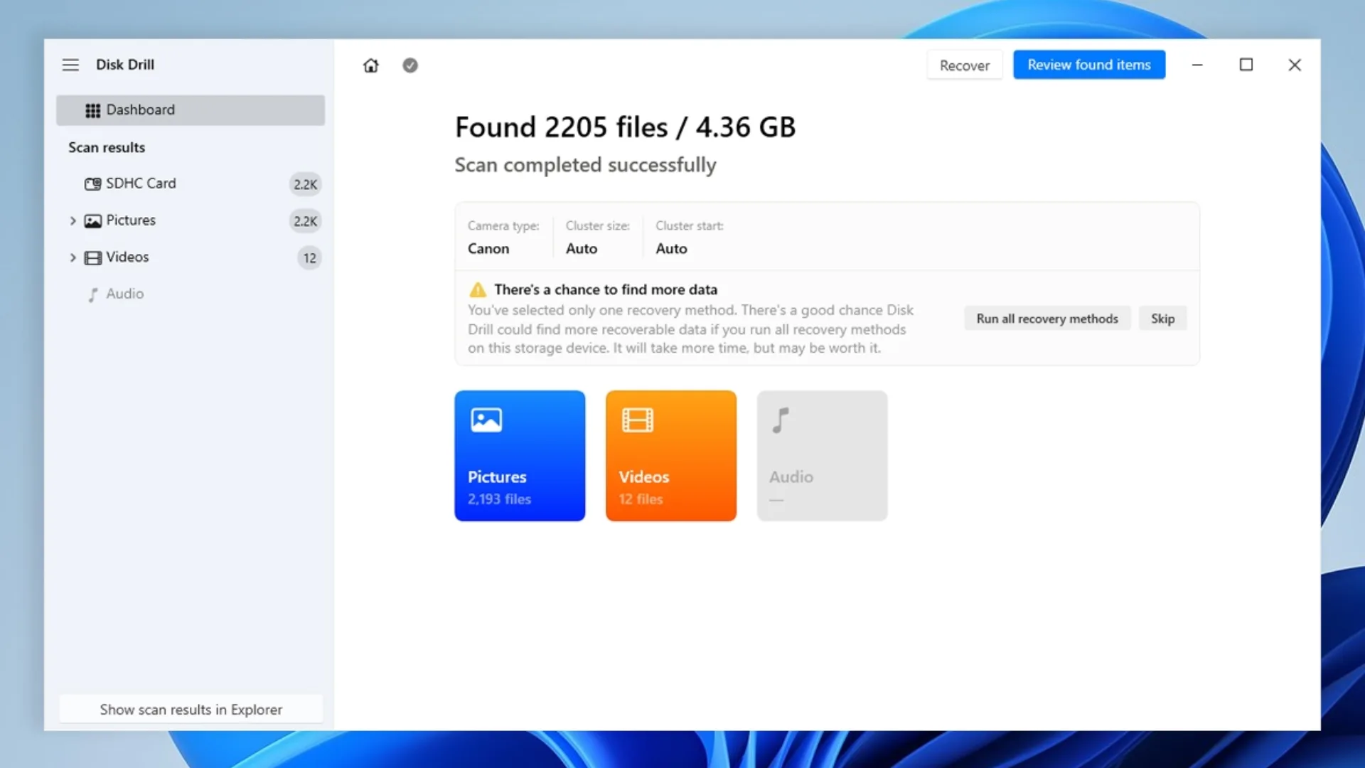 Disk Drill completed scan results screen showing 2,205 found files totaling 4.36 GB categorized into pictures and video files.