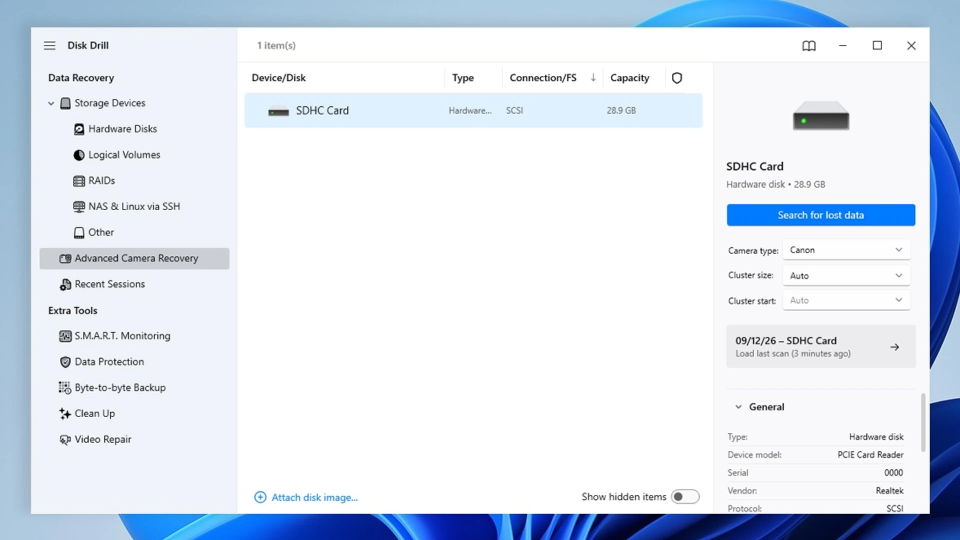 Disk Drill data recovery software on Windows selecting a 28.9 GB Canon SDHC card to search for lost video data.