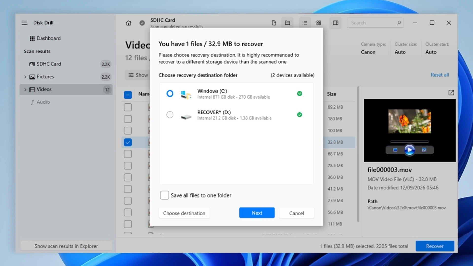 Disk Drill destination selection dialog window prompting to choose a local drive folder to restore recovered video files.