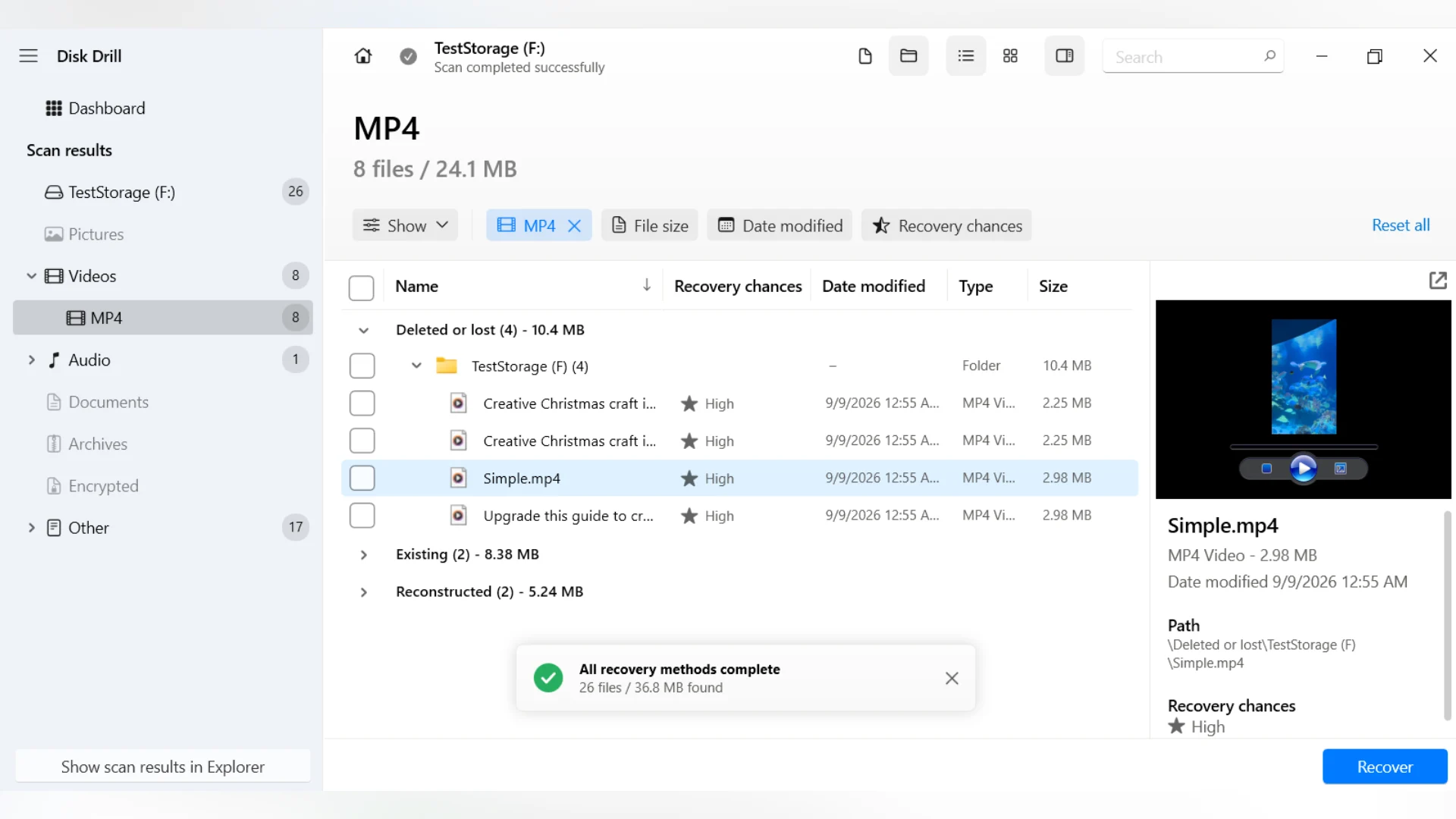 Disk Drill data recovery software on Windows displaying scan results for a storage drive, with a recovered MP4 video file named Simple.mp4 selected and previewed in the right pane