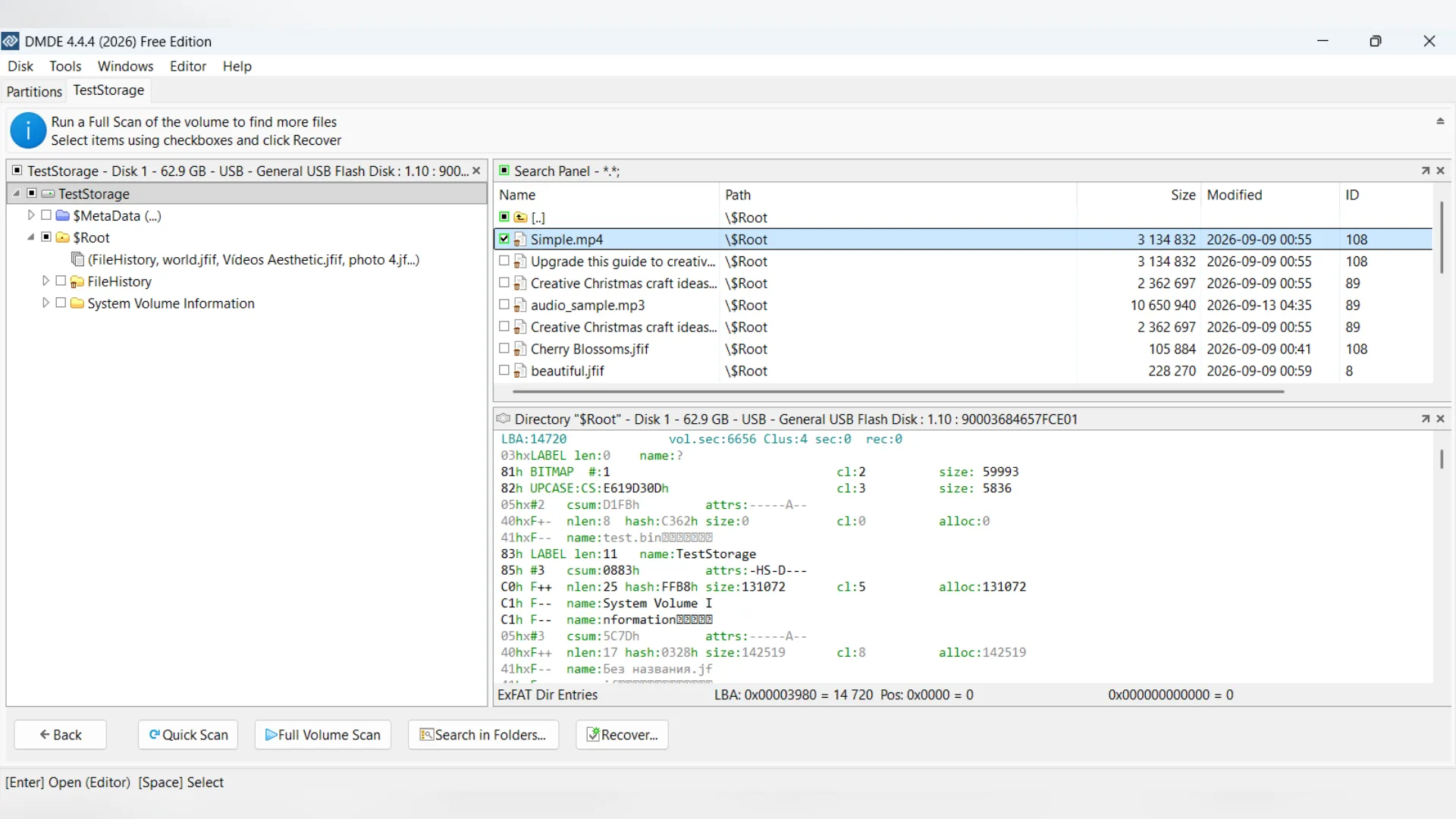 DMDE free edition data recovery software displaying a list of scanned files, including MP4 and MP3 formats within a root directory, with technical hexadecimal directory entry data shown below