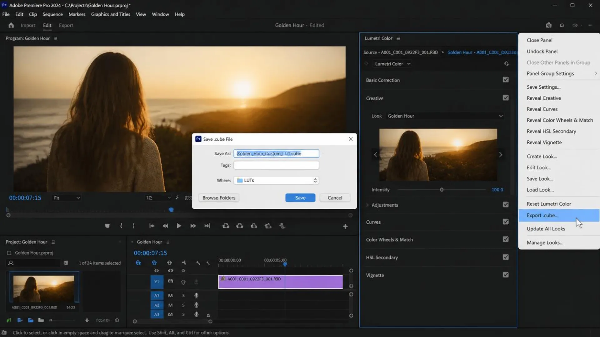 Exporting a custom .cube LUT from the Lumetri Color panel in Premiere Pro
