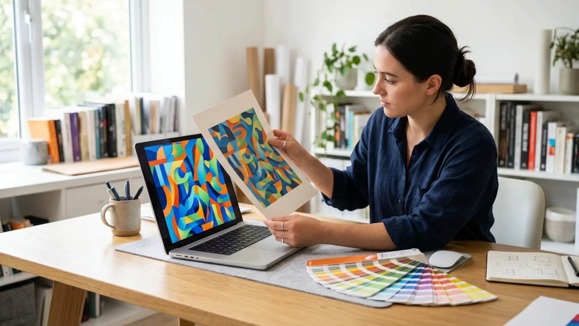 Designer comparing a printed color proof to the same design on a screen