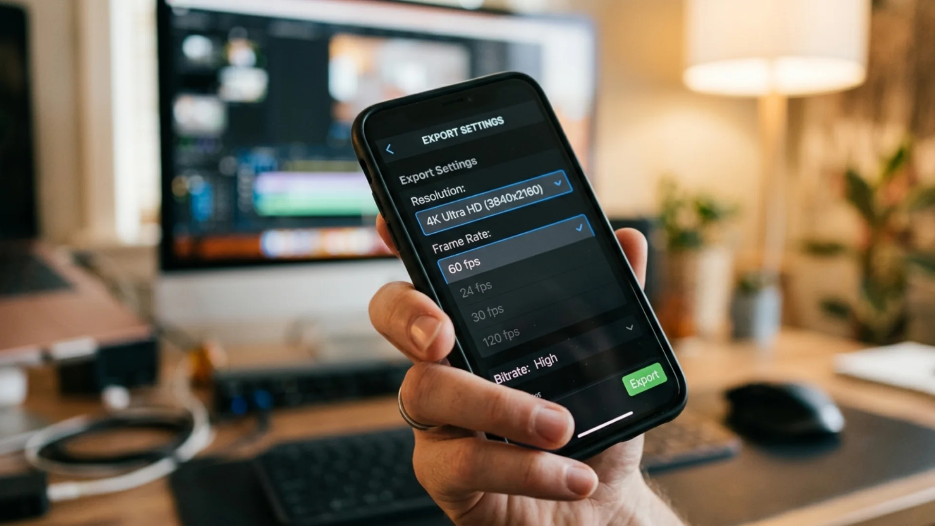 Mobile export settings panel with 4K resolution and frame rate options selected