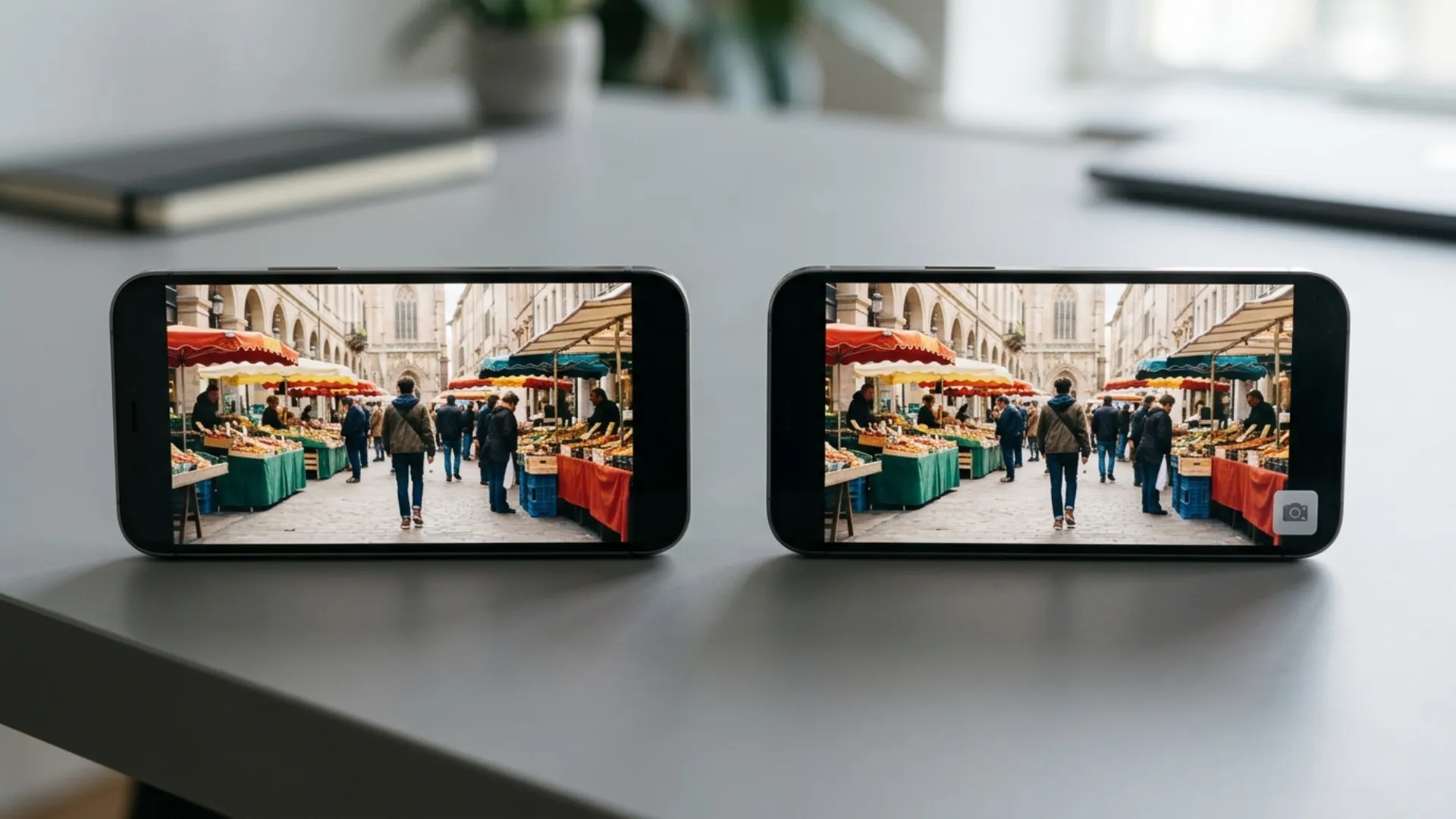 Two phones comparing a clean 4K export and a branded free tier export