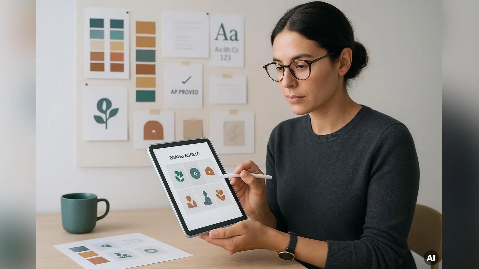 Female graphic designer using a stylus on a tablet displaying brand assets in front of a mood board with color swatches and typography.