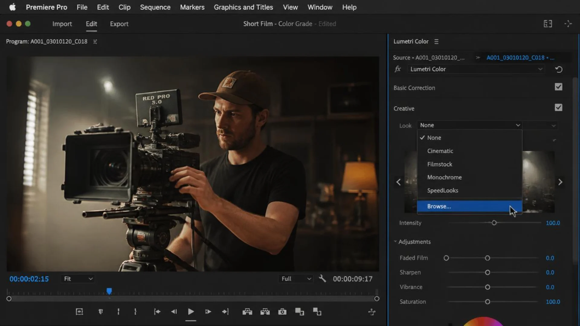 Choosing a creative Look from the dropdown in the Premiere Pro Lumetri Color panel