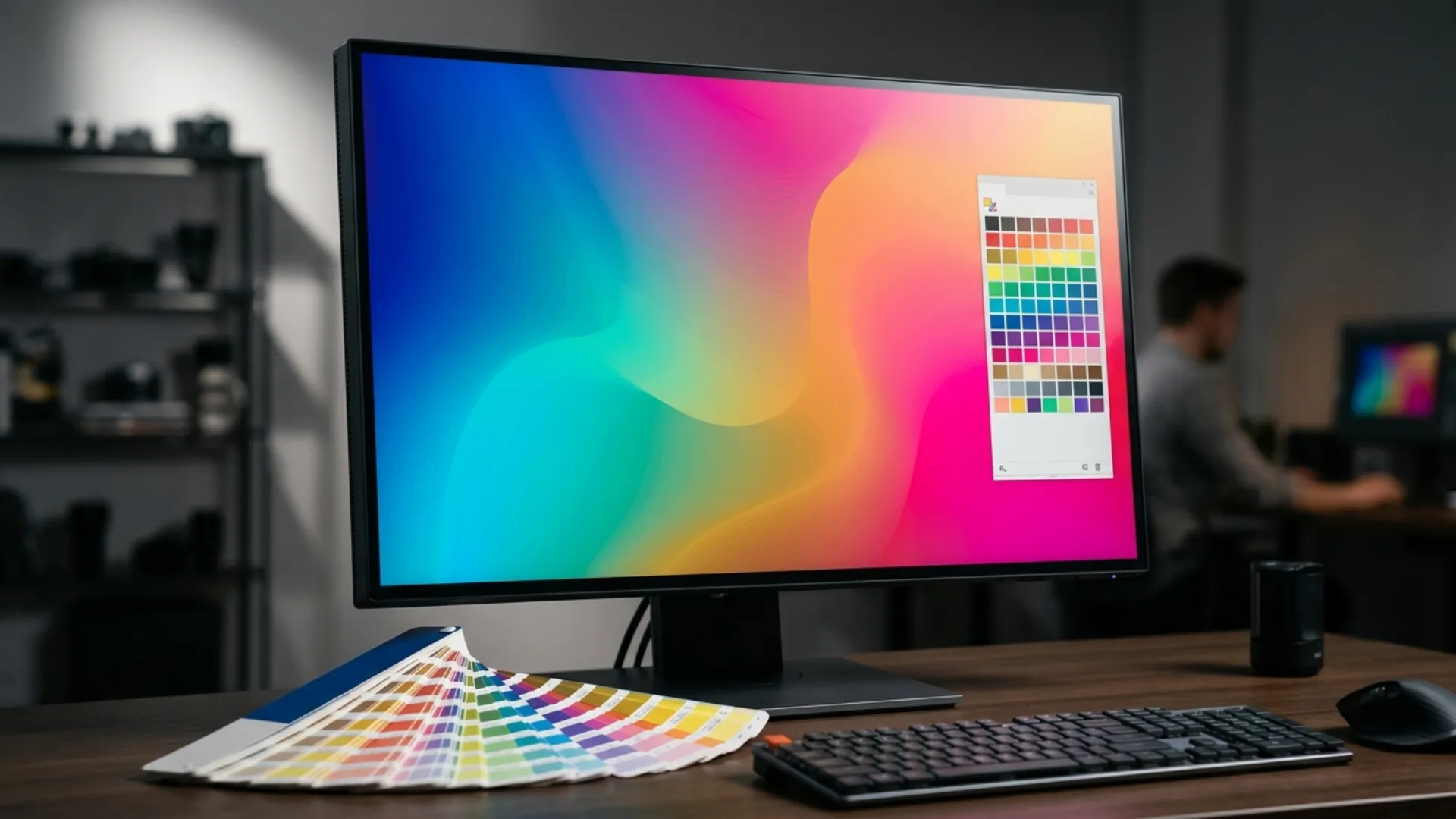 Vector gradient artwork on screen beside a printed colour swatch fan deck