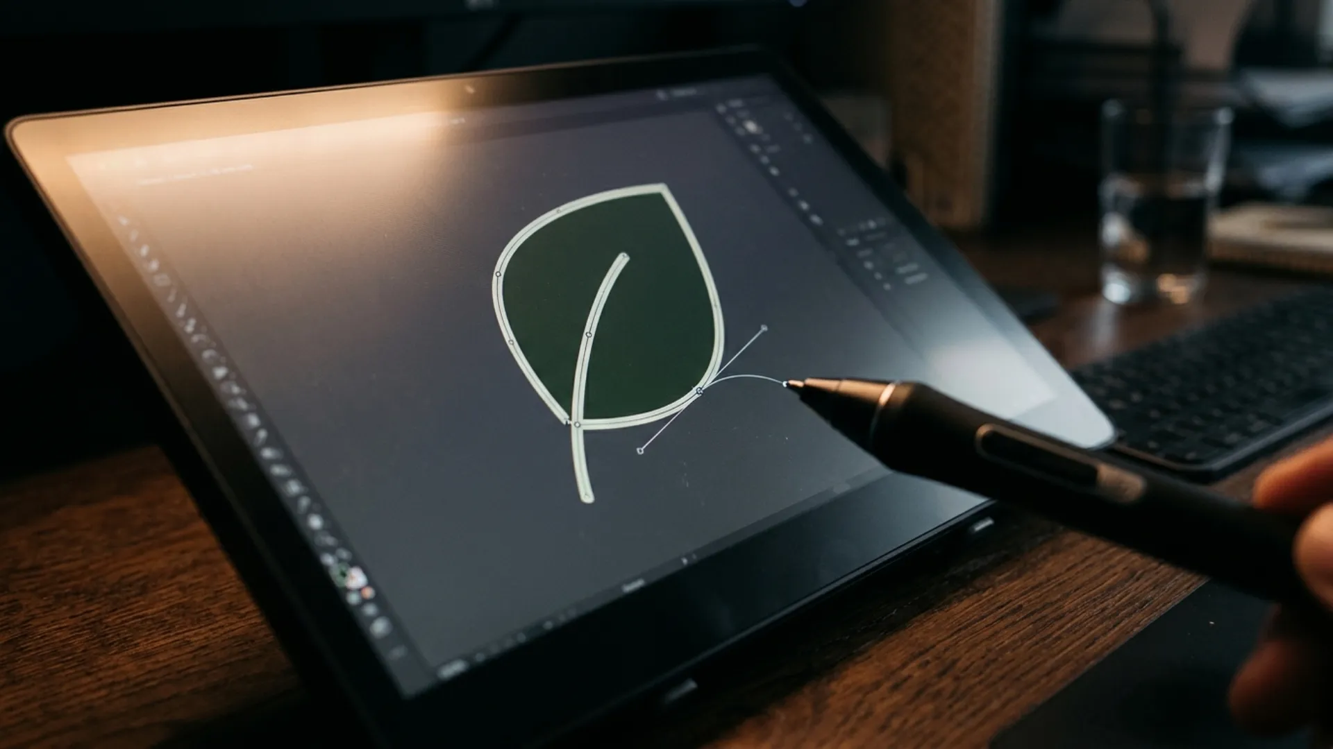 Vector shape with visible anchor points and bezier handles being edited with a stylus