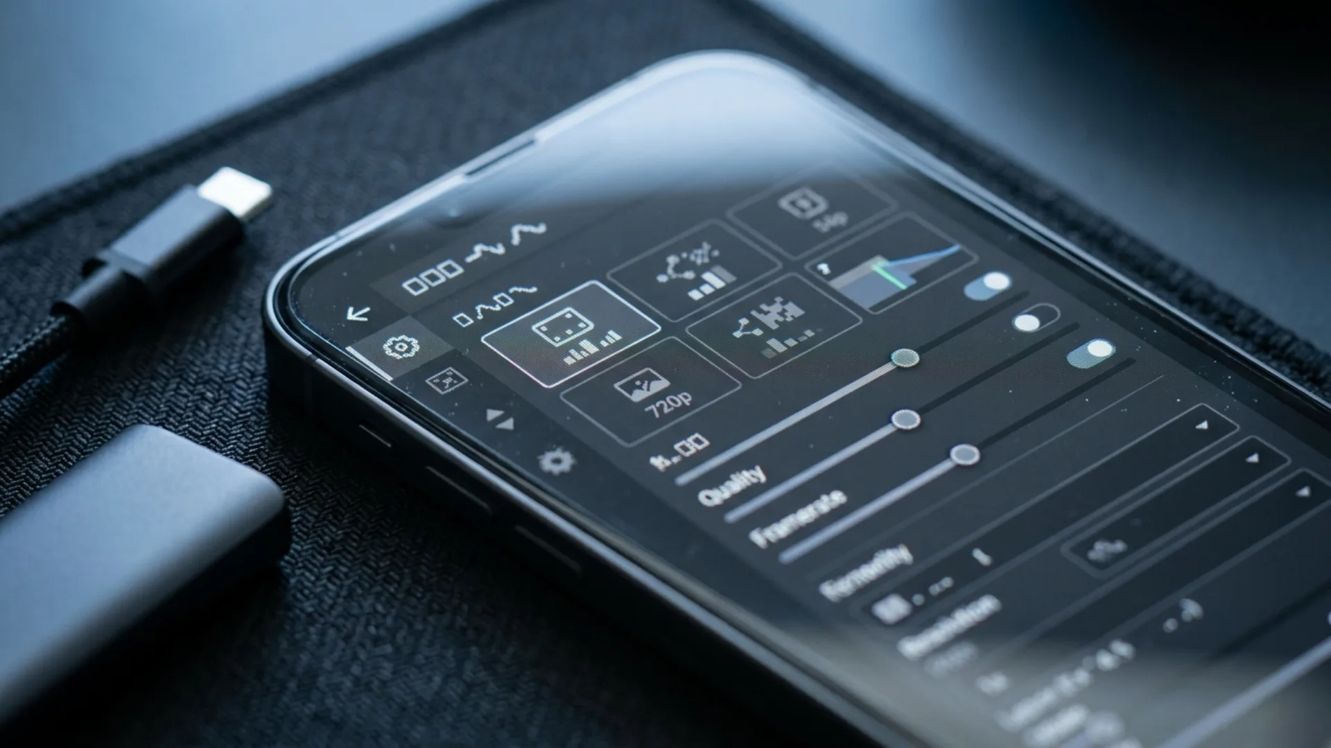 Close-up of video export resolution and quality settings on a smartphone screen