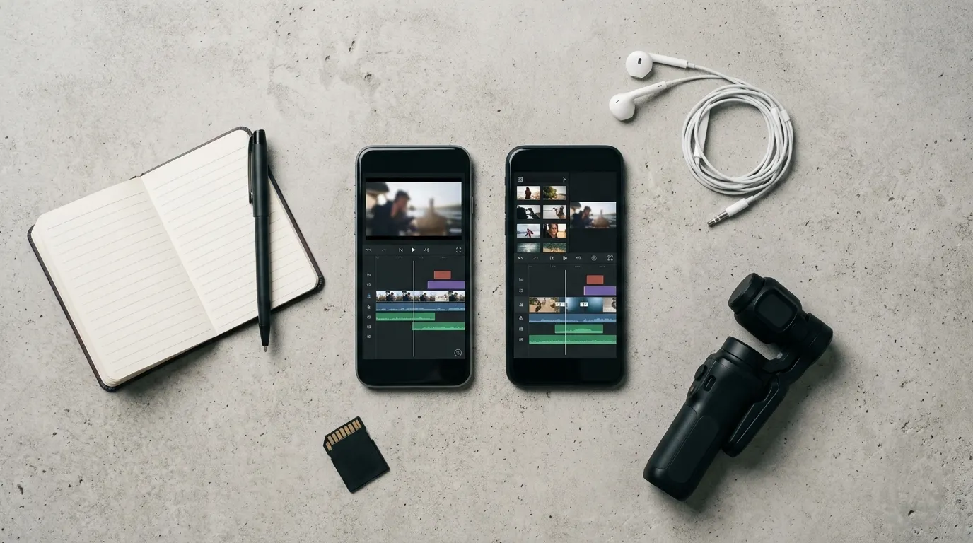 Two smartphones side by side showing mobile video editing timelines