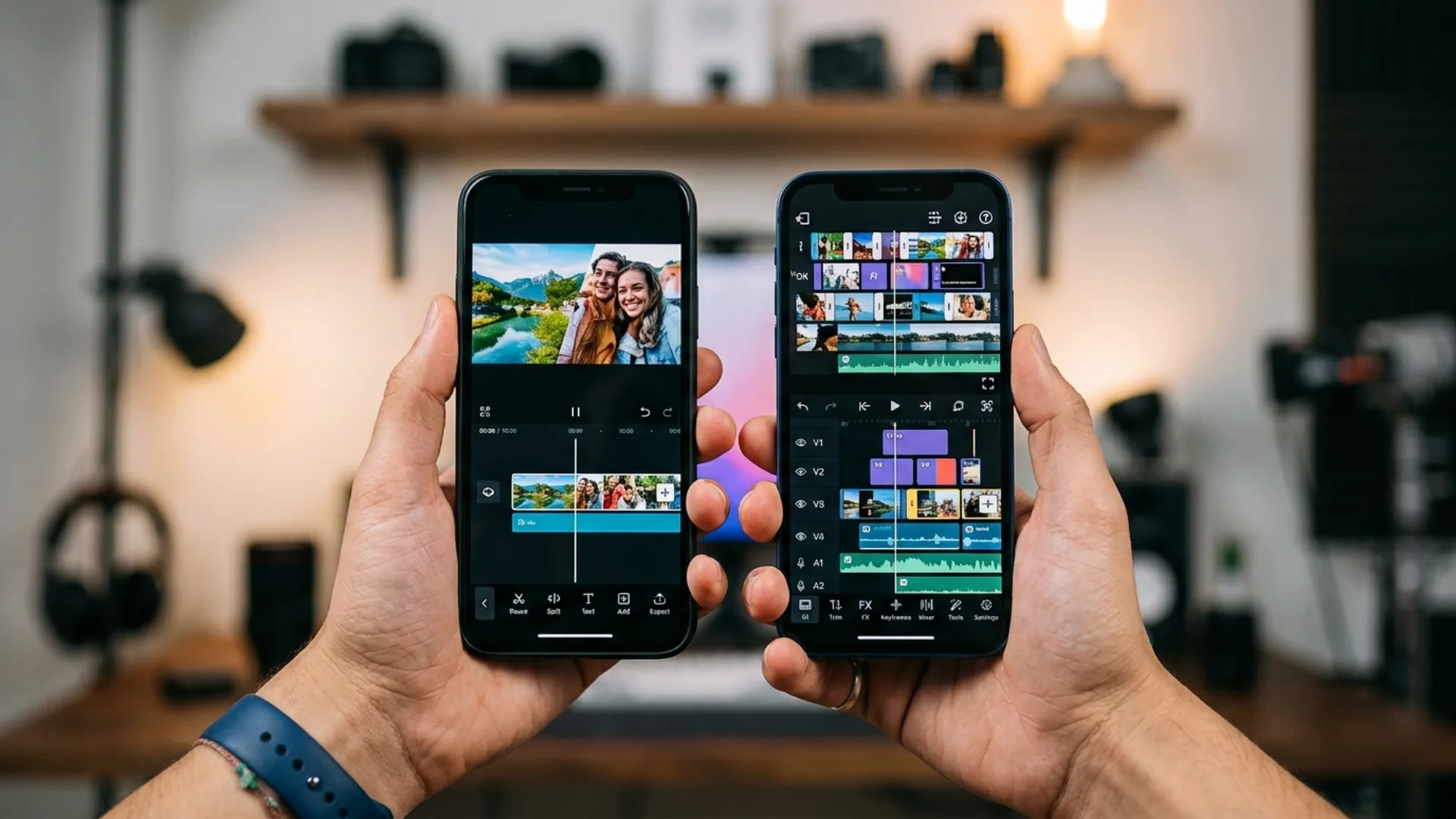 Two phones held side by side comparing a simple and a complex mobile editing interface