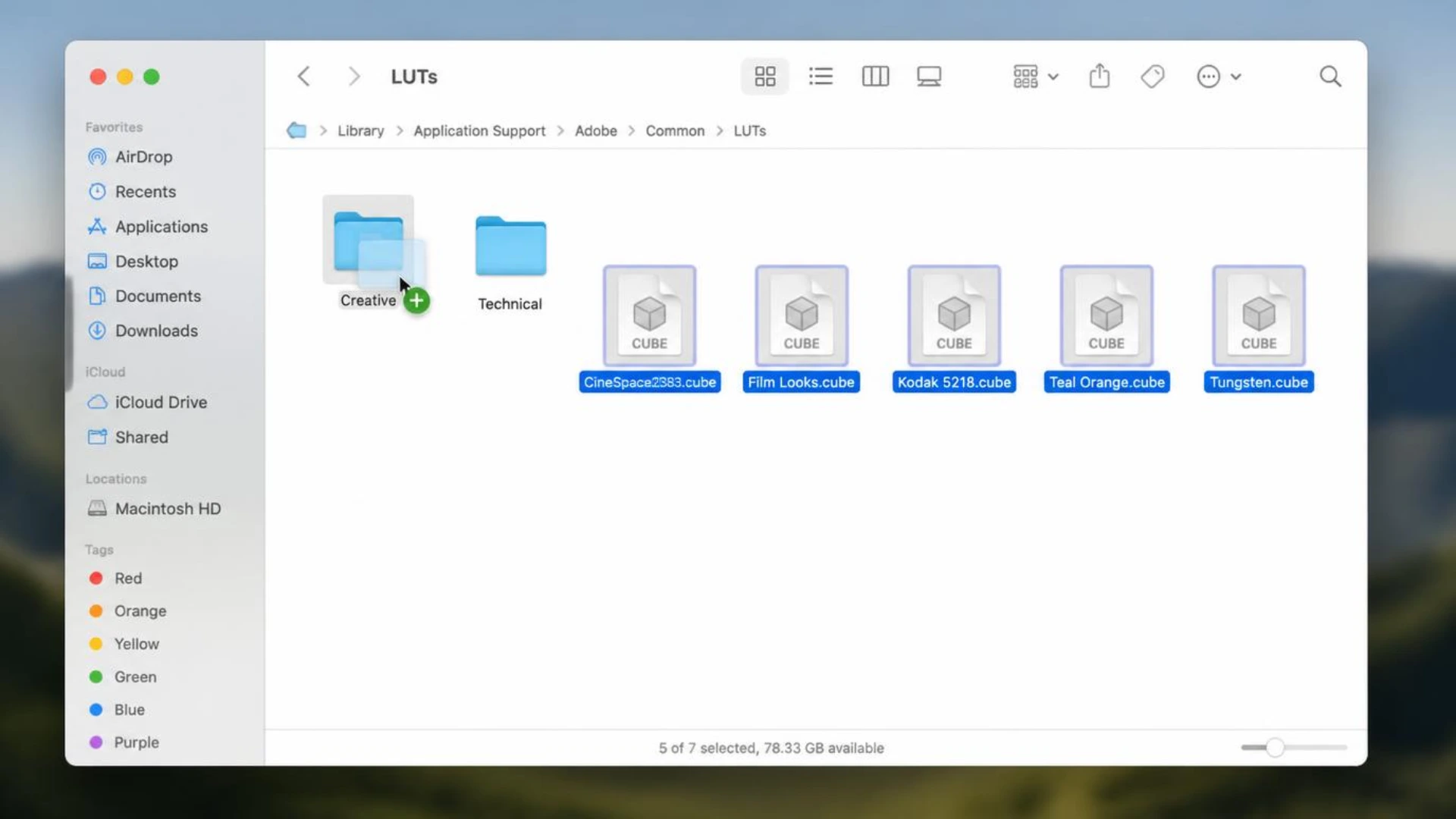 Installing .cube LUT files into the Adobe Common LUTs Creative folder on Mac
