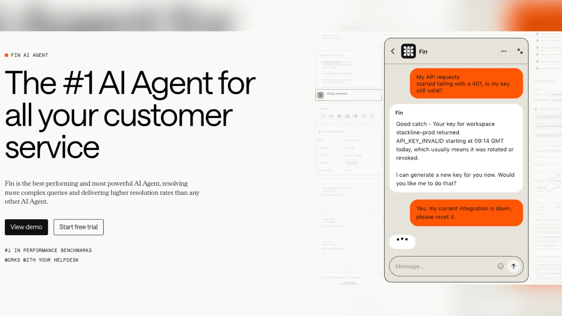 Intercom webpage hero section for Fin AI Agent displaying product features alongside a chat widget mockup demonstrating automated API error troubleshooting.