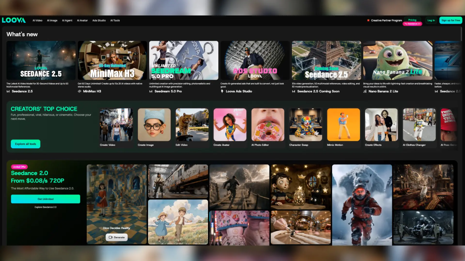 Full dashboard interface of the LOOVA AI platform displaying featured tools like Seedance 2.5 and MiniMax H3 alongside video generation tool categories and media gallery cards.