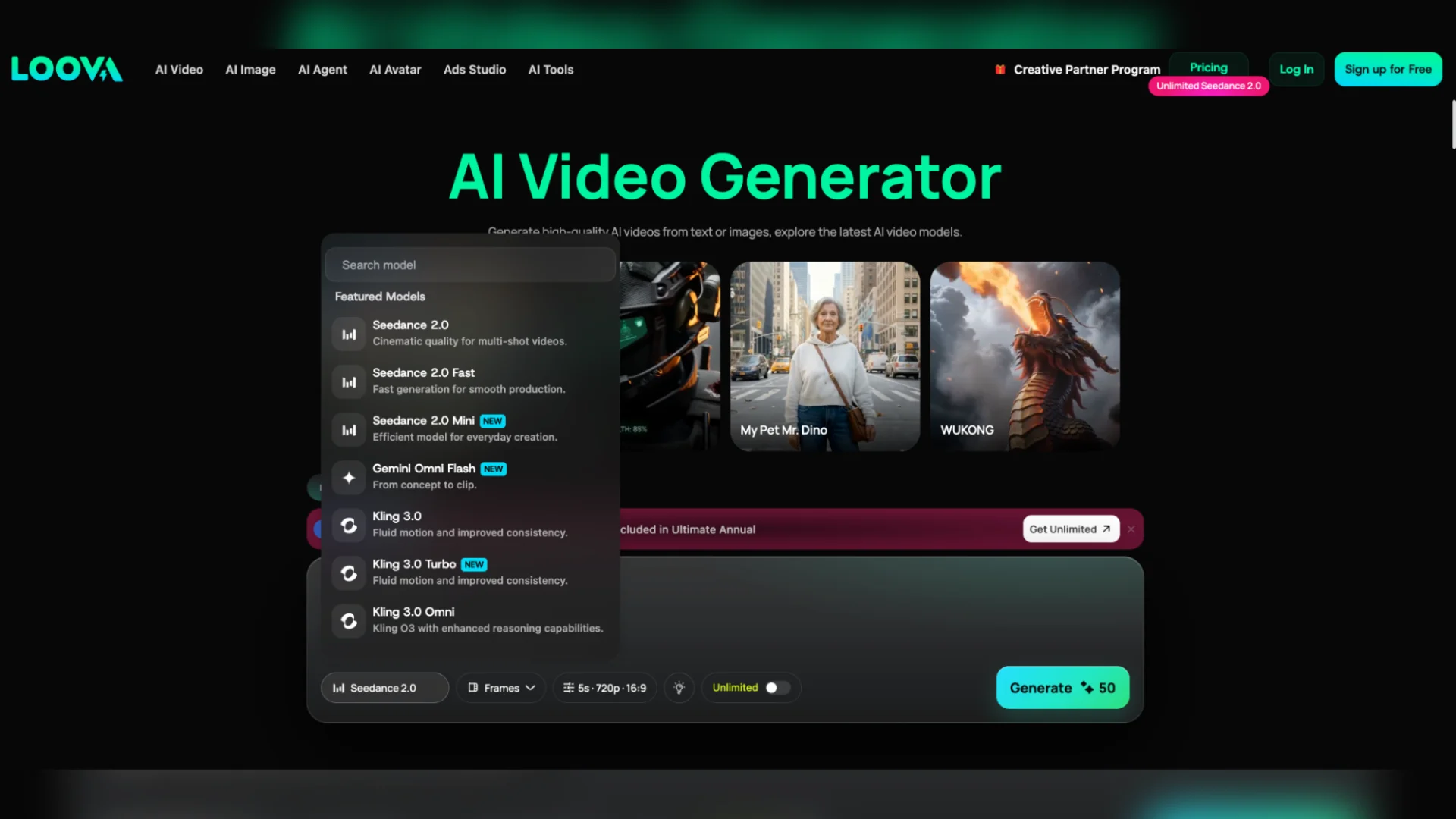 Screenshot of the LOOVA AI Video Generator workspace showing an open dropdown menu for selecting AI video models, including Seedance 2.0, Gemini Omni Flash, and Kling 3.0.