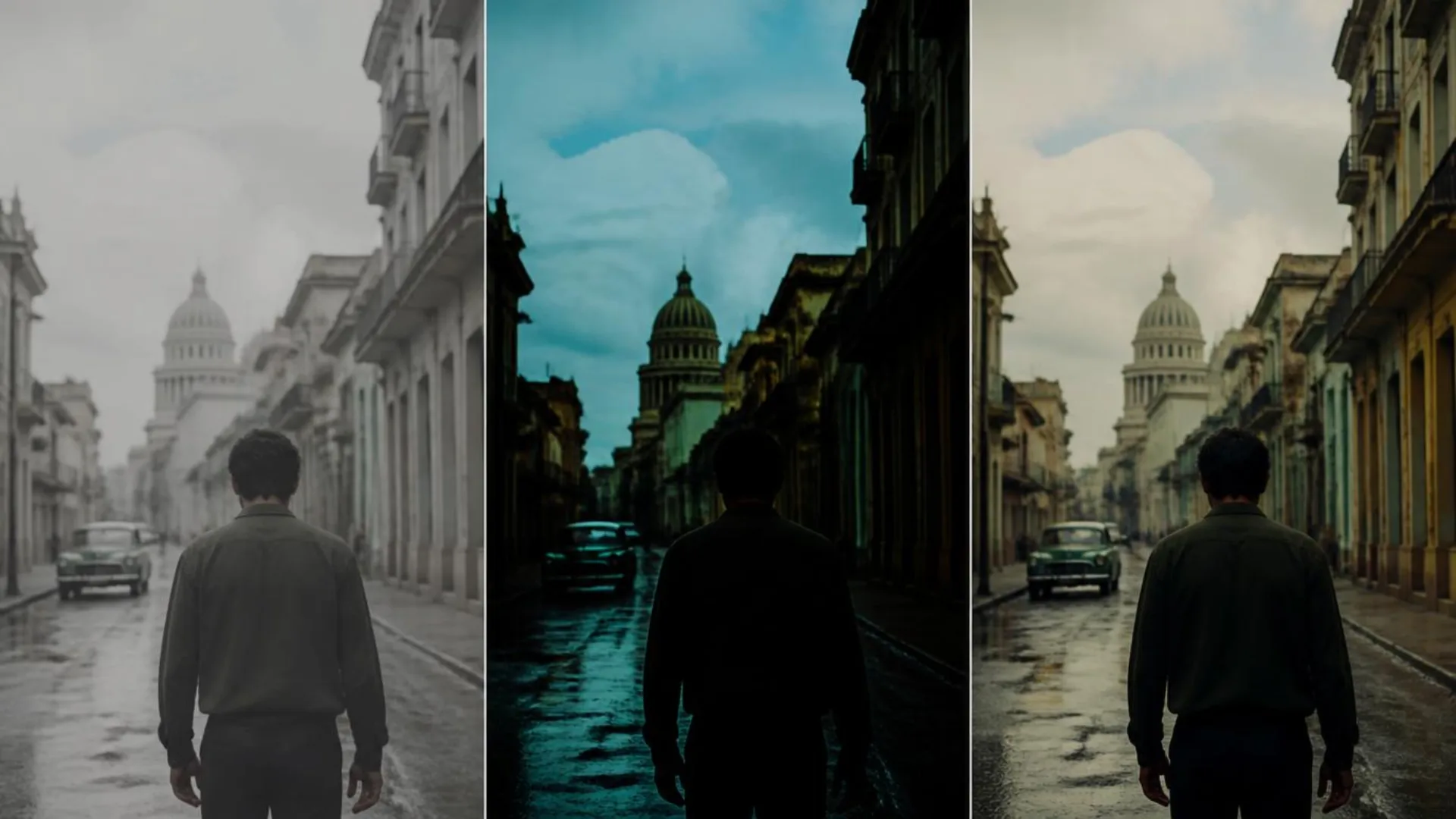 Washed out, over-graded, and correctly LUT-graded versions of the same video frame