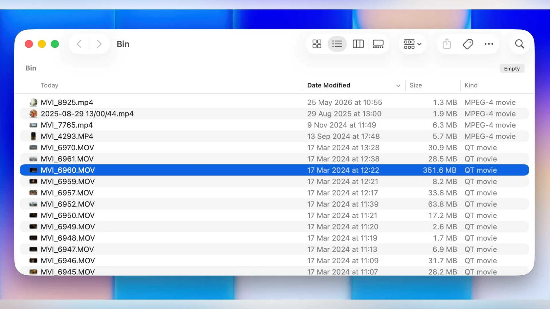 macOS Finder Bin folder containing deleted MP4 and MOV camera video files with file size and date modified details.