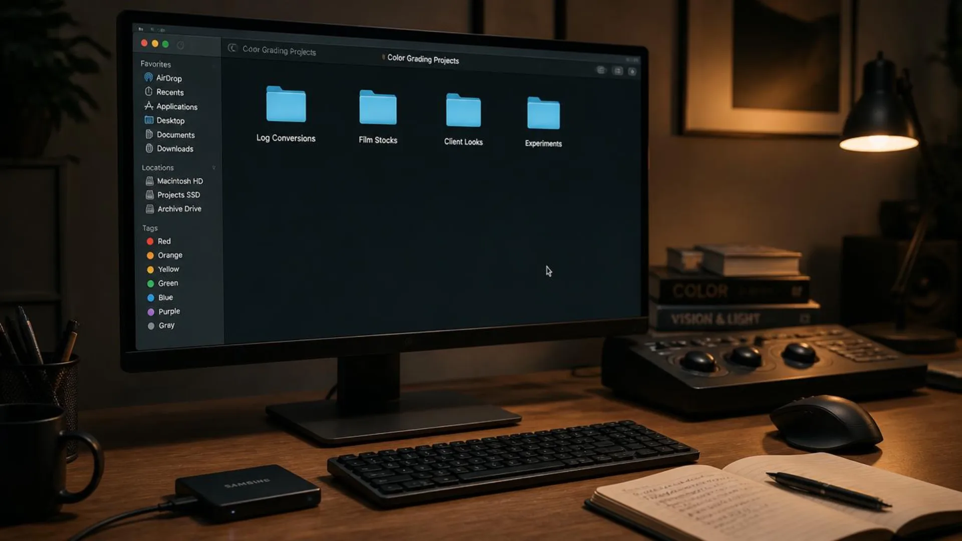 Organized LUT library folders on a professional video editor's workstation