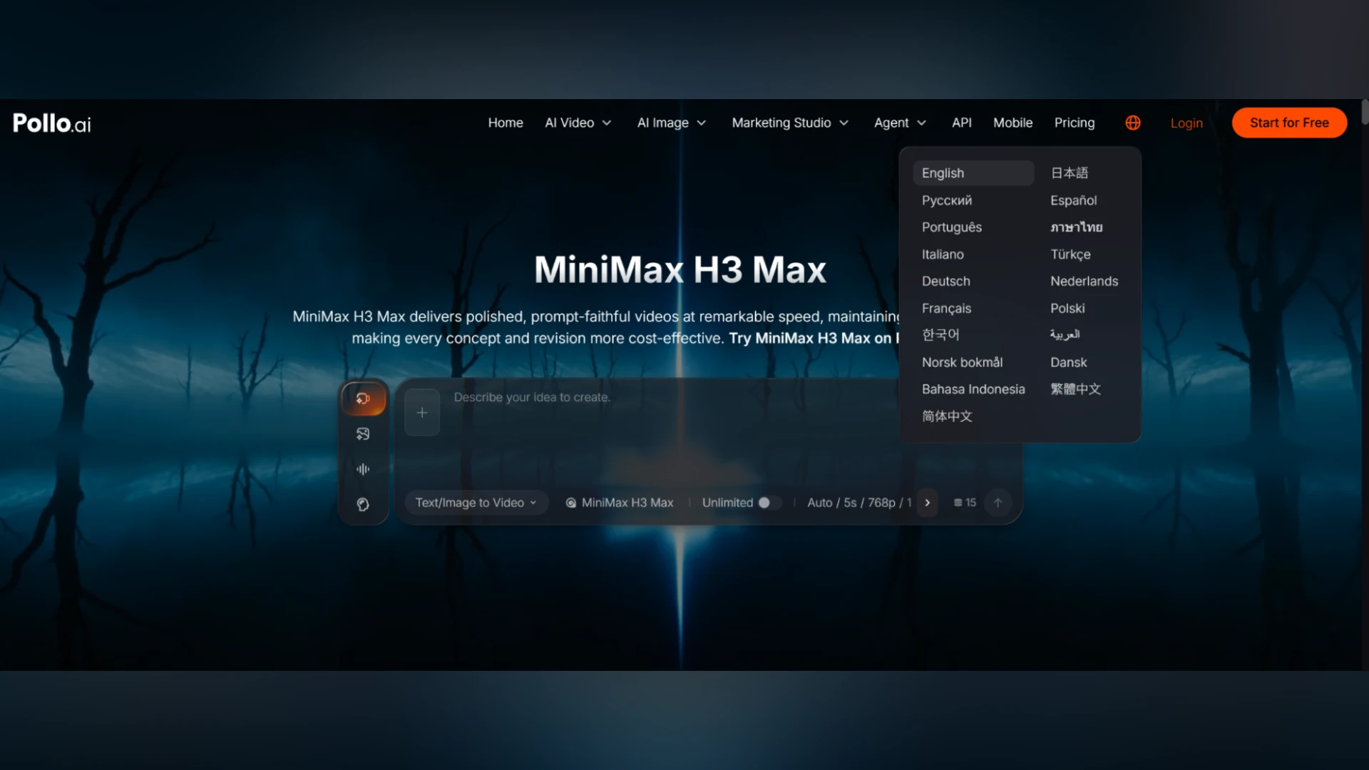 Screenshot of the Pollo.ai MiniMax H3 Max AI video generator workspace featuring a text-to-video prompt box and an open multi-language dropdown menu in the upper right header.