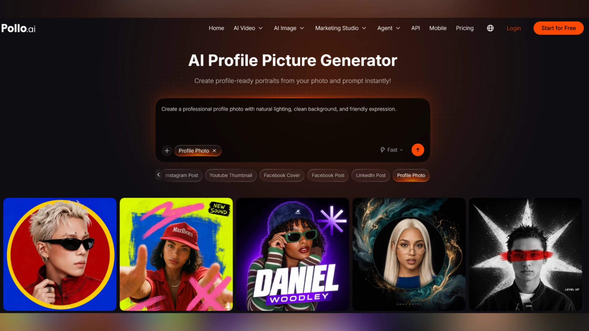 Landing page screenshot of Pollo.ai showing the AI Profile Picture Generator interface with a text prompt box, social media format tags, and five sample AI avatar portraits.