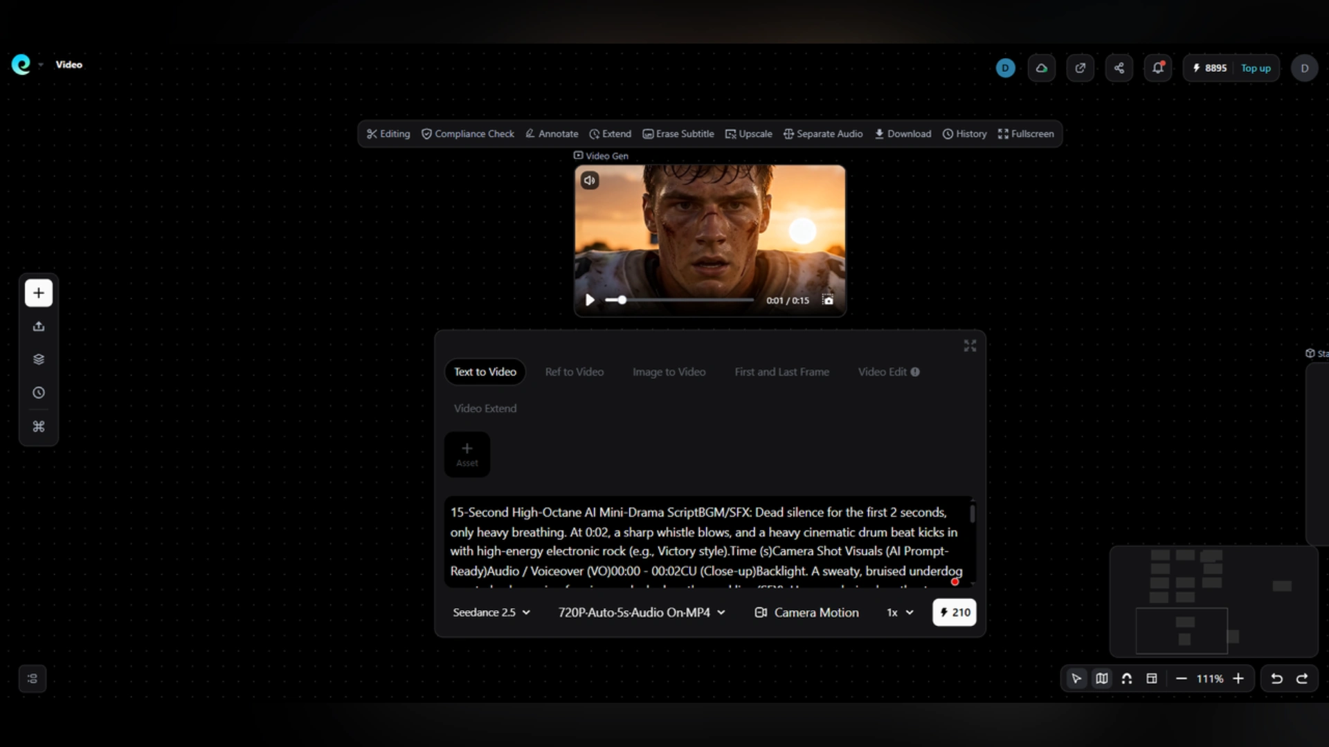 Interface screenshot of the Seedance AI video generation platform featuring a text-to-video prompt box, model parameters, and a preview player displaying a generated video clip of an athlete.