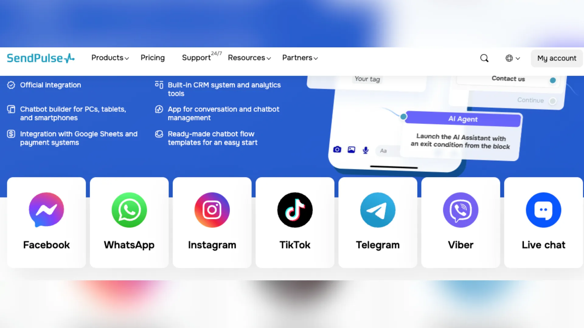 SendPulse website banner showcasing AI chatbot builder and CRM features with integration icons for Facebook, WhatsApp, Instagram, TikTok, Telegram, Viber, and Live chat.