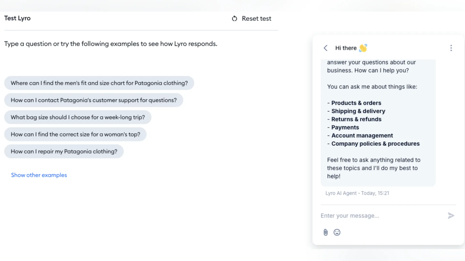 Screenshot of Tidio's Test Lyro playground interface displaying sample customer service questions alongside a live chat widget preview showing automated responses from Lyro AI Agent.