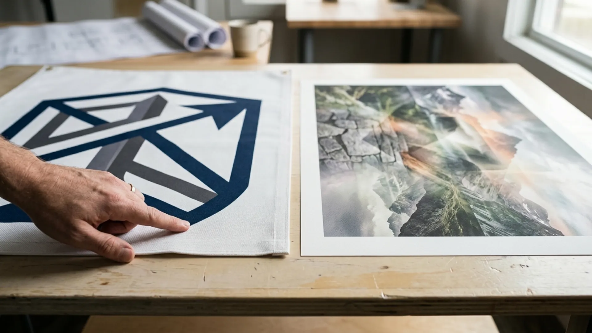 Vector logo staying sharp at large size next to a detailed raster photo print