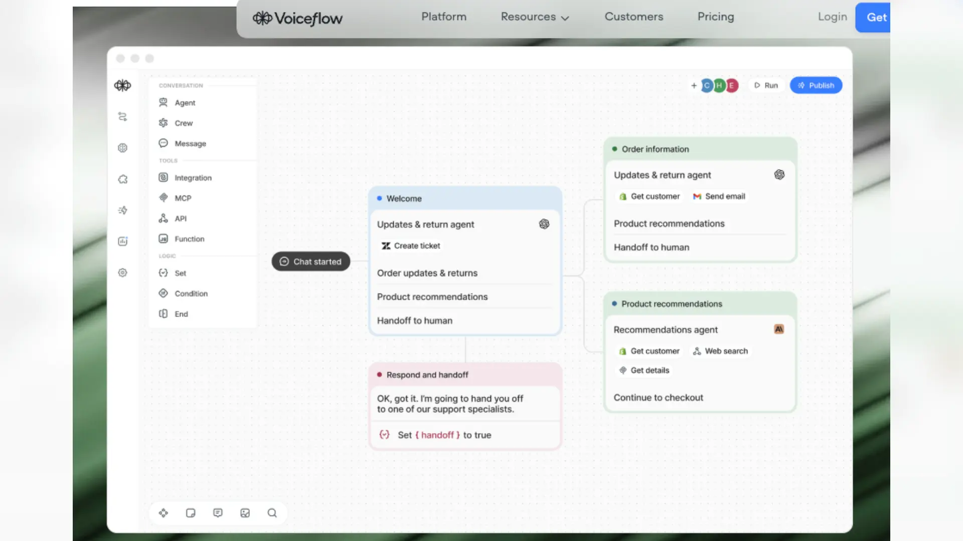 Screenshot of Voiceflow's visual AI agent builder canvas displaying interconnected nodes for automated customer support, sub-agents, and human handoff logic.