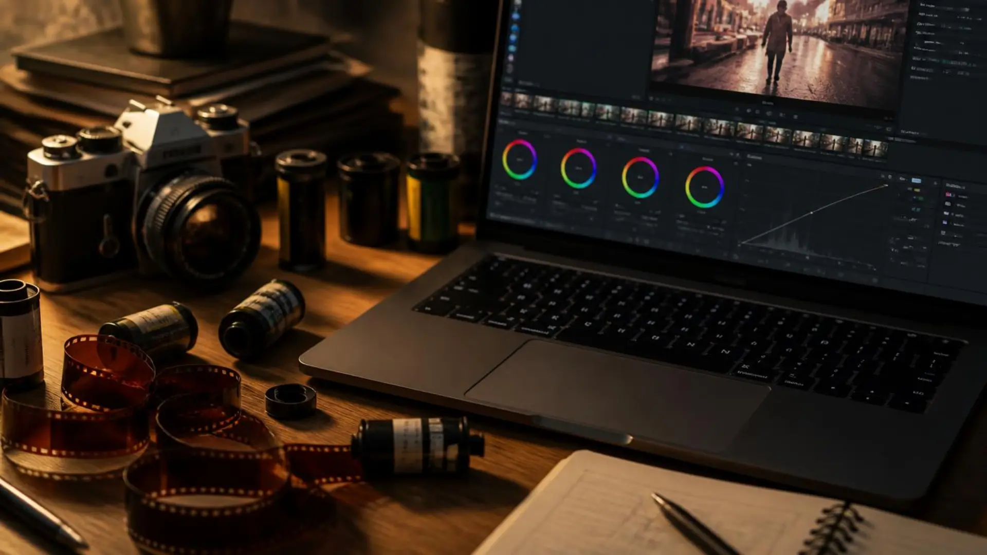 Classic film stocks next to a laptop with color grading software, showing the origin of LUT looks