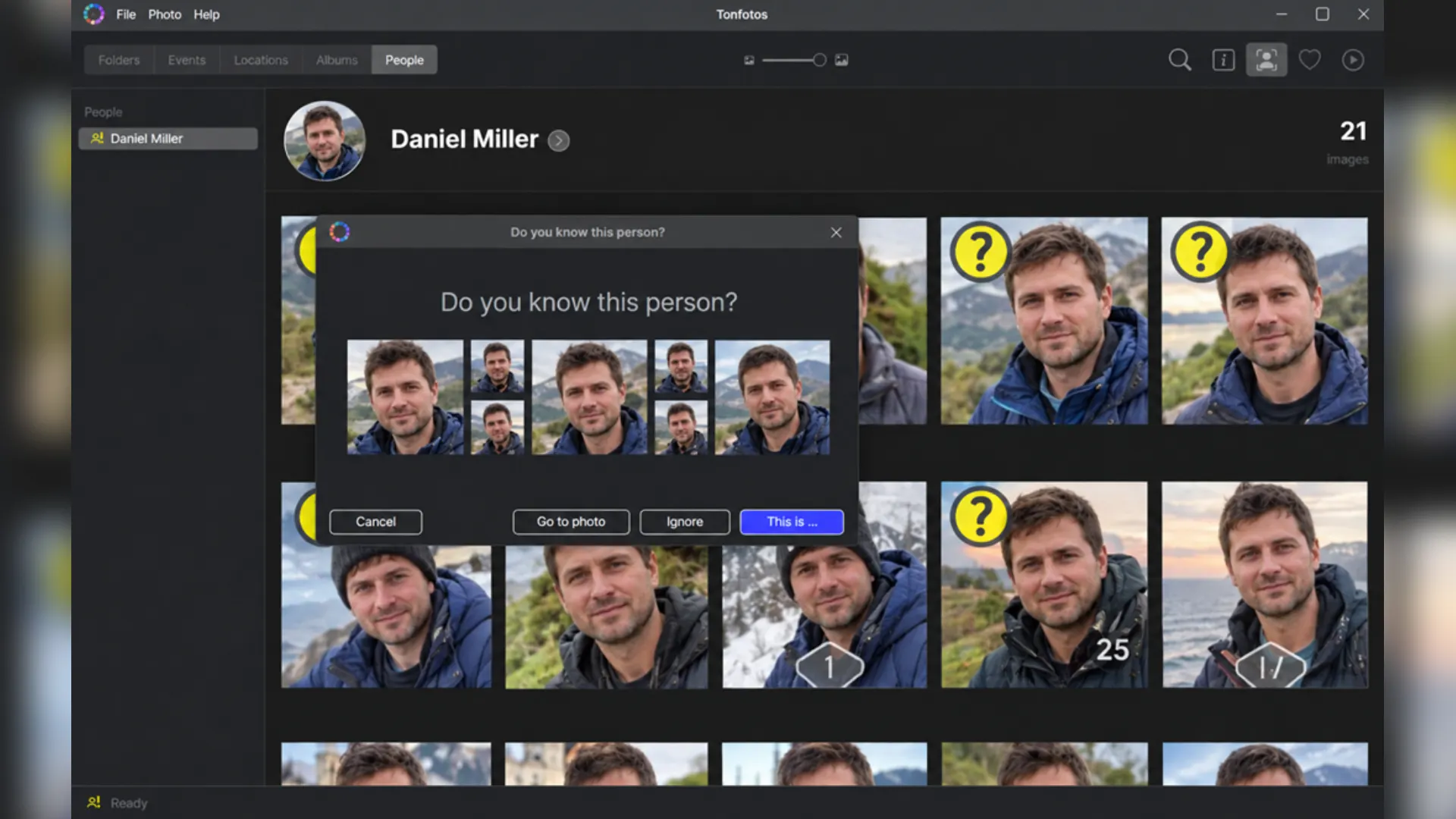Tonfotos AI-powered people search feature prompting the user to confirm a person's identity.
