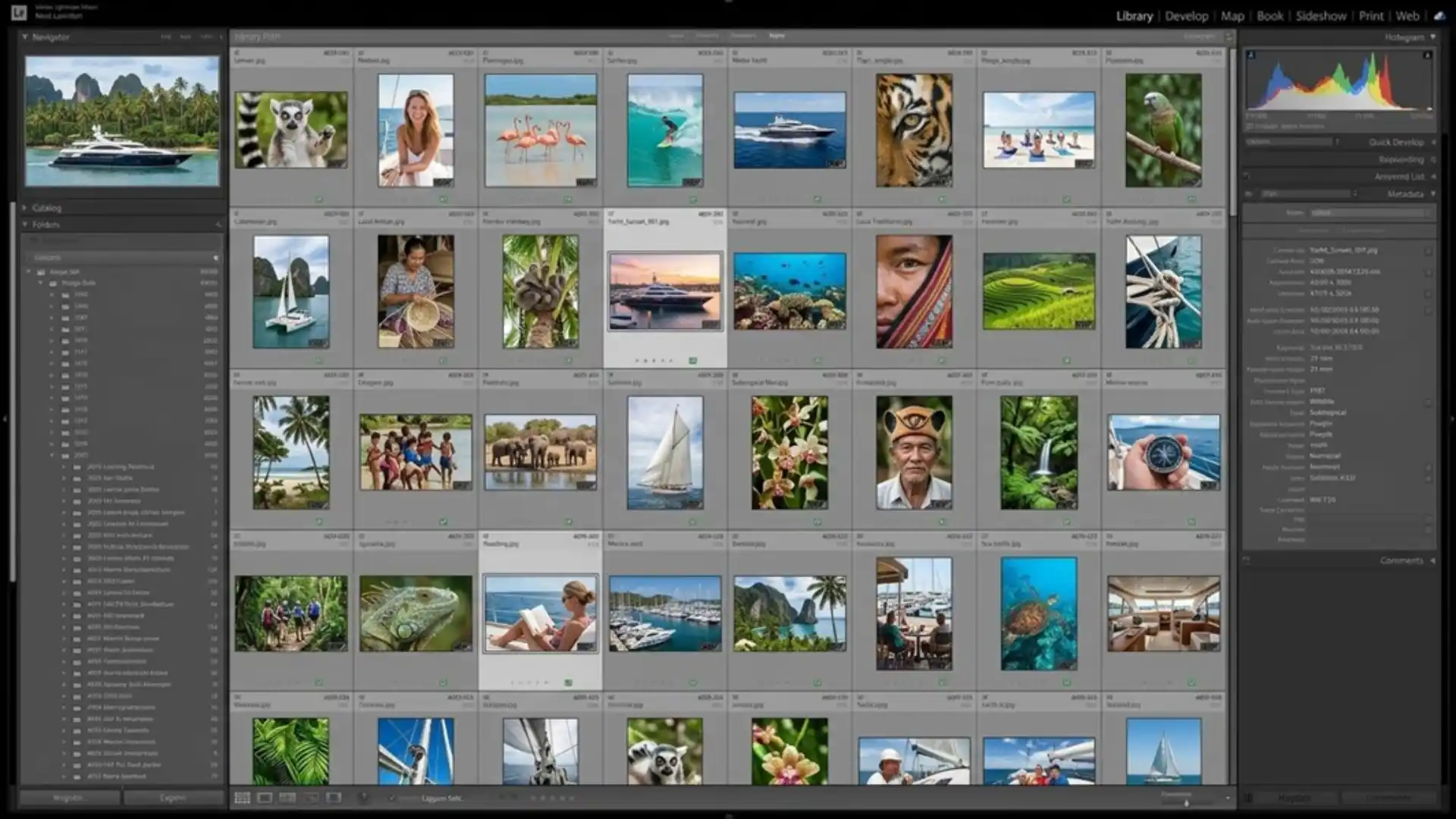 Adobe Lightroom Classic library module displaying a grid of photo thumbnails with side panels for folders, metadata, and quick editing.