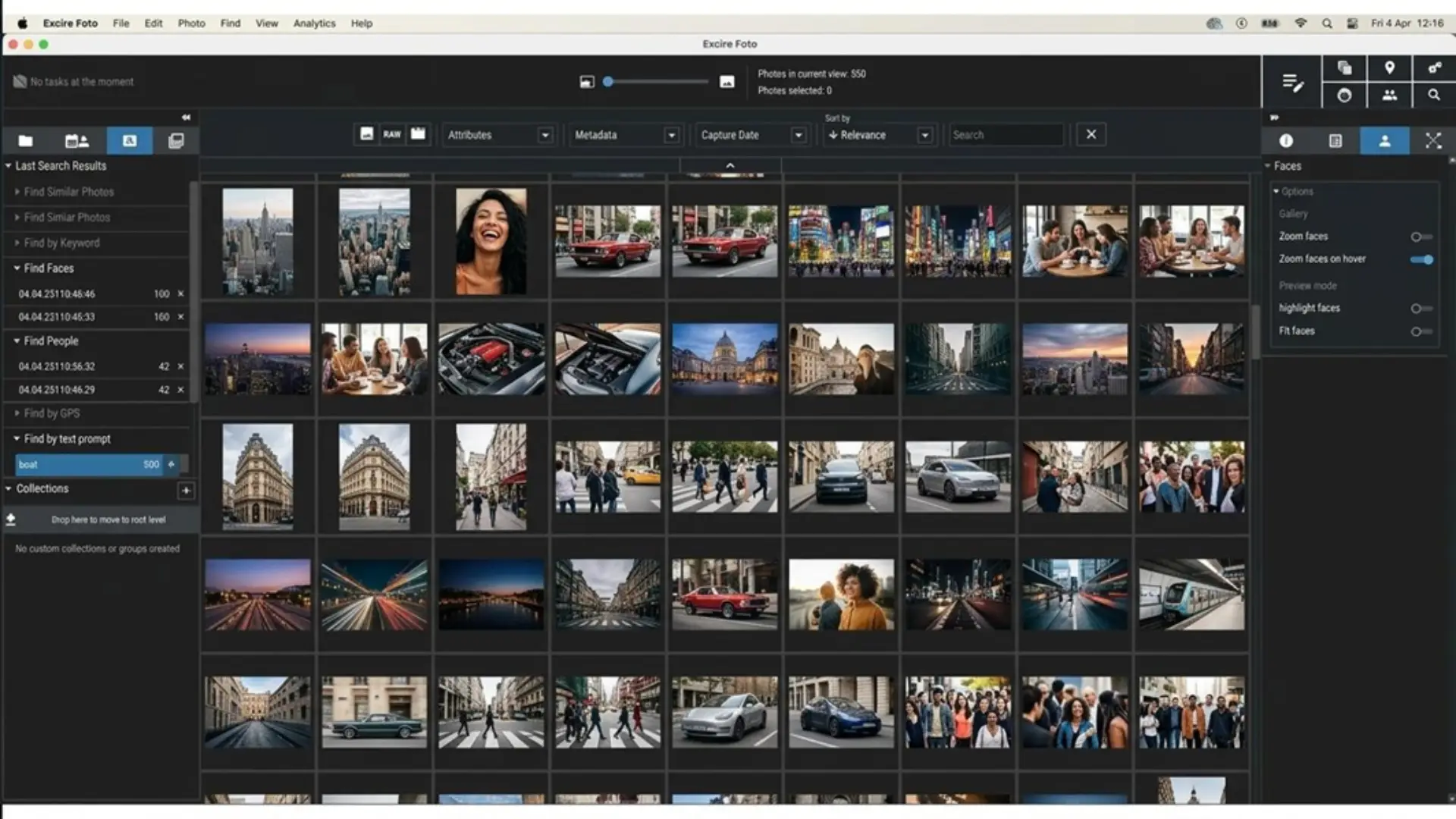 Excire Foto 2025 interface showing a grid of photo thumbnails and advanced AI search options on the sidebar.