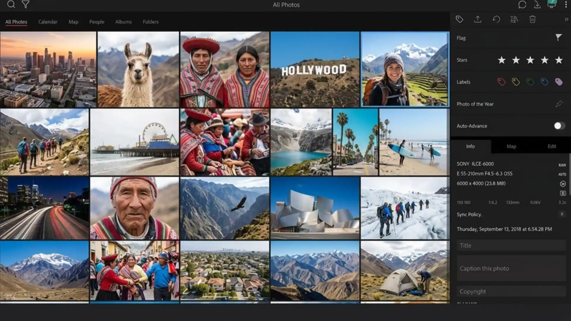 Mylio Photos interface displaying a photo library grid with a side panel showing metadata, ratings, and camera details.