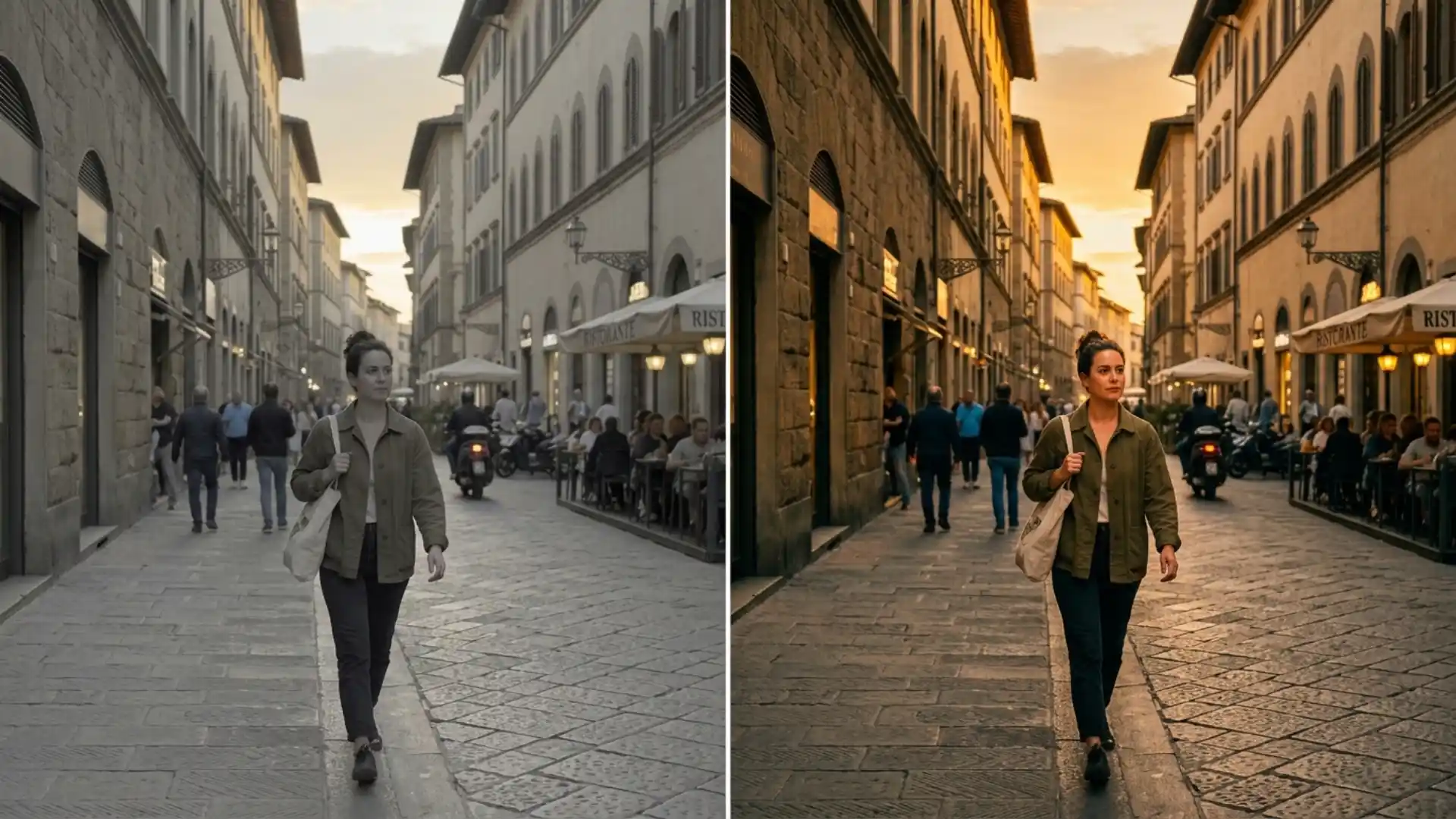 Apple Log iPhone footage before and after color grading, flat Log on the left and graded Rec.709 on the right