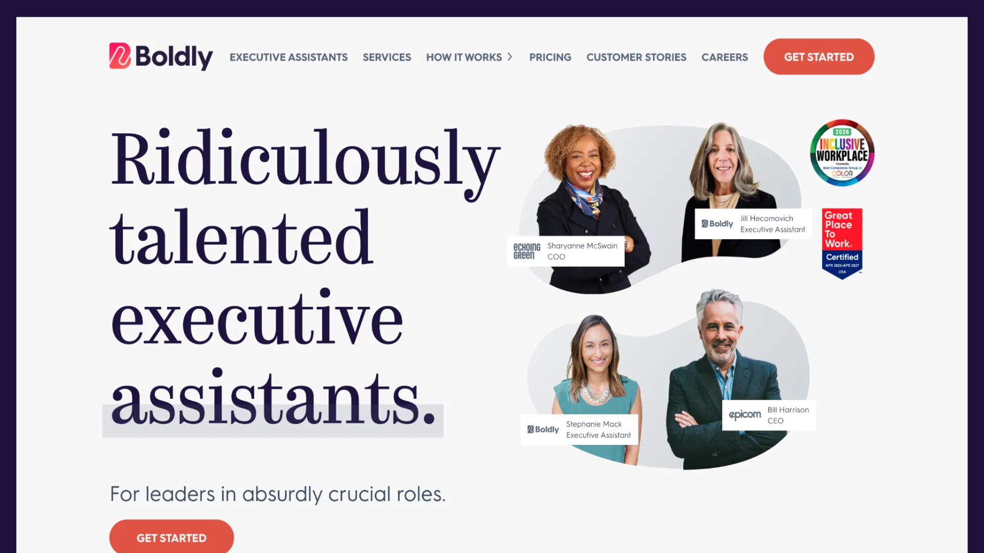 Boldly landing page highlighting premium executive assistant services for corporate leaders, featuring staff profiles and workplace certification badges.