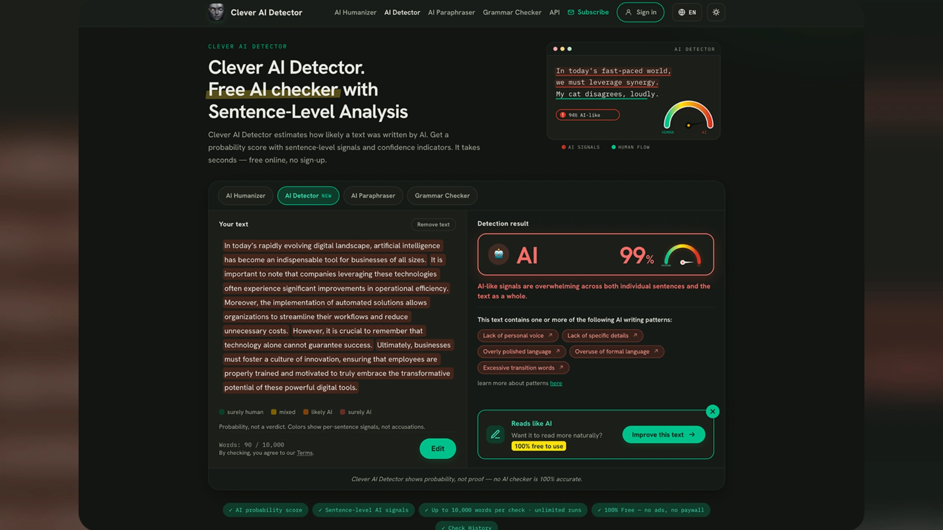 Dark-mode dashboard of Clever AI Humanizer showing a user history log entry from September 23, 2026, featuring a humanized 99-word text snippet with writing style settings and navigation links.