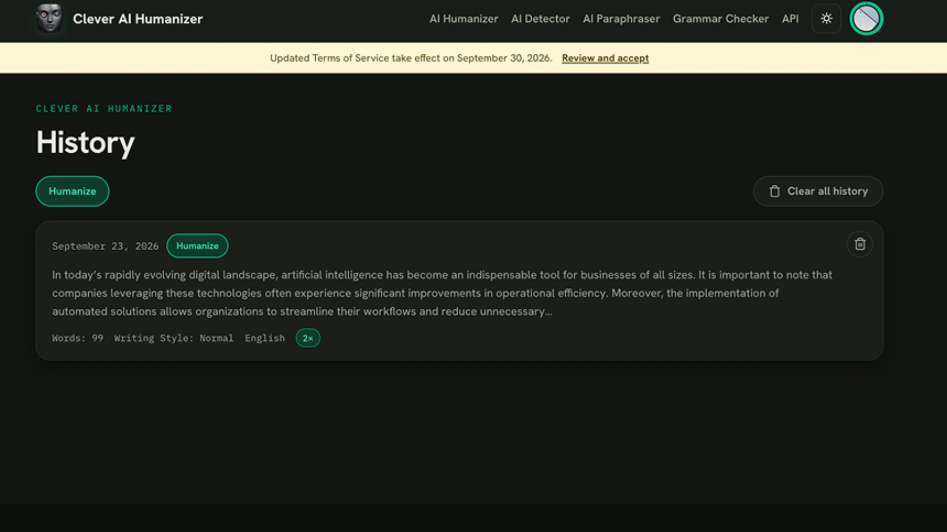 Clever AI Detector dark interface displaying a 99% AI score detection result with sentence-level highlighting and identified AI writing patterns like formal language and excessive transitions.