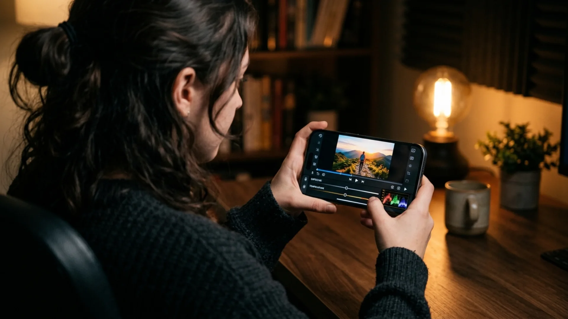 Creator color grading video on iPhone using exposure and temperature sliders with a waveform scope