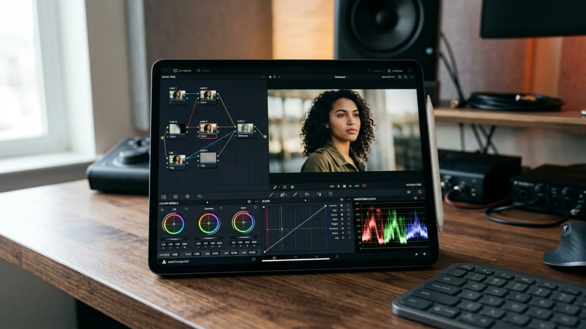 DaVinci Resolve for iPad color grading with nodes, color wheels and a waveform scope on an iPad Pro
