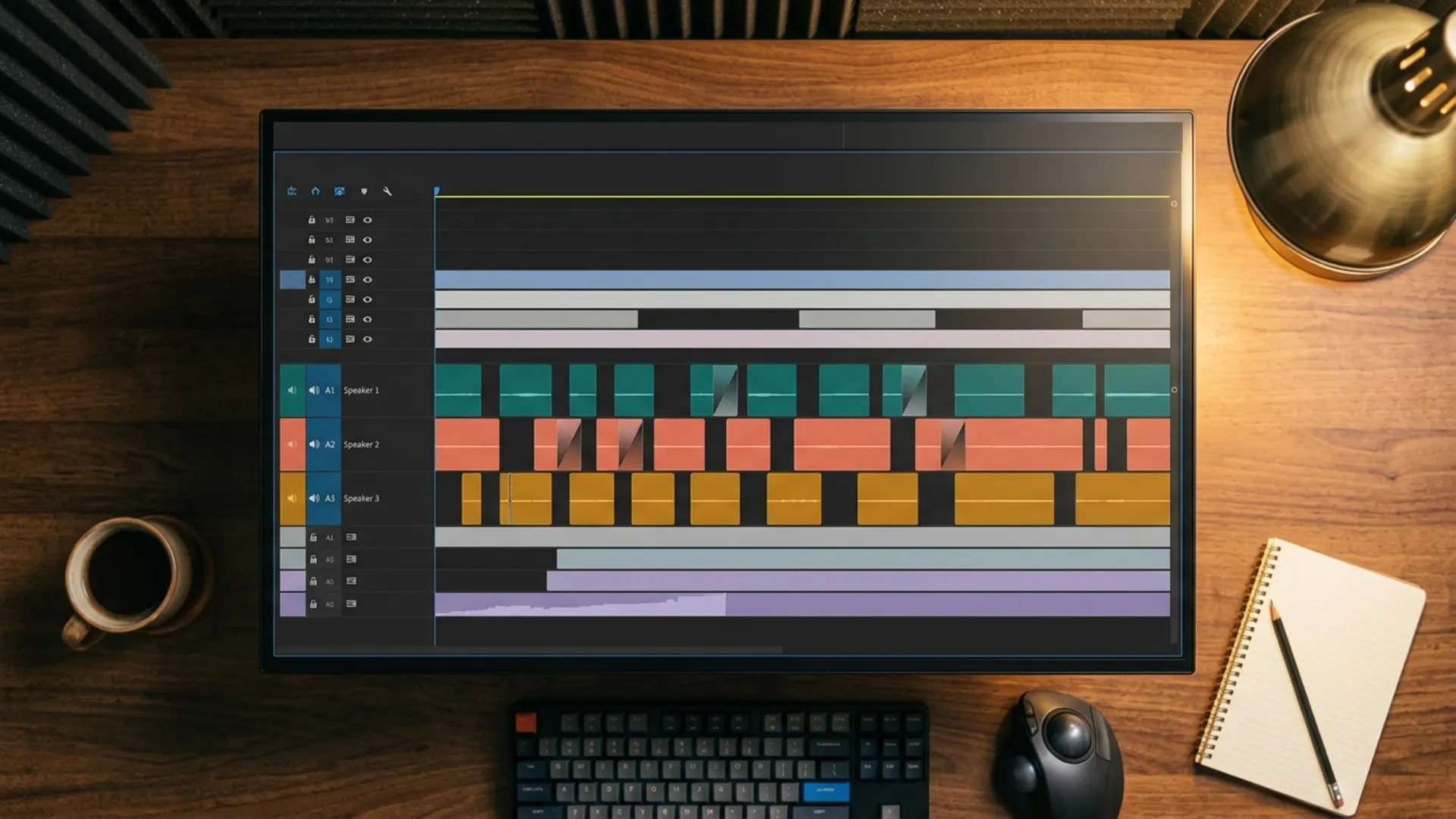 Video editing timeline with dialogue tracks color coded by speaker and crossfades at the cut points
