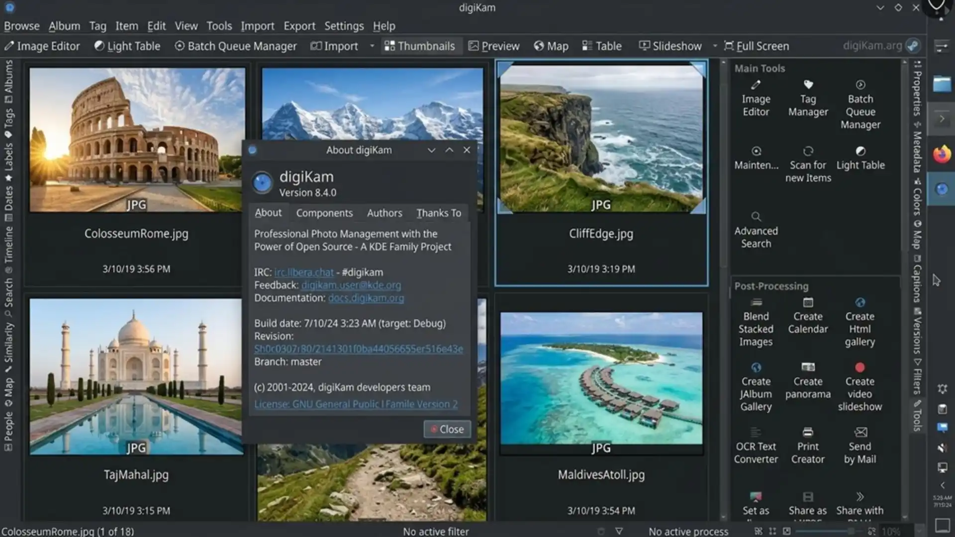 digiKam open-source photo management interface showing a photo thumbnail grid, main tools panel, and an open 