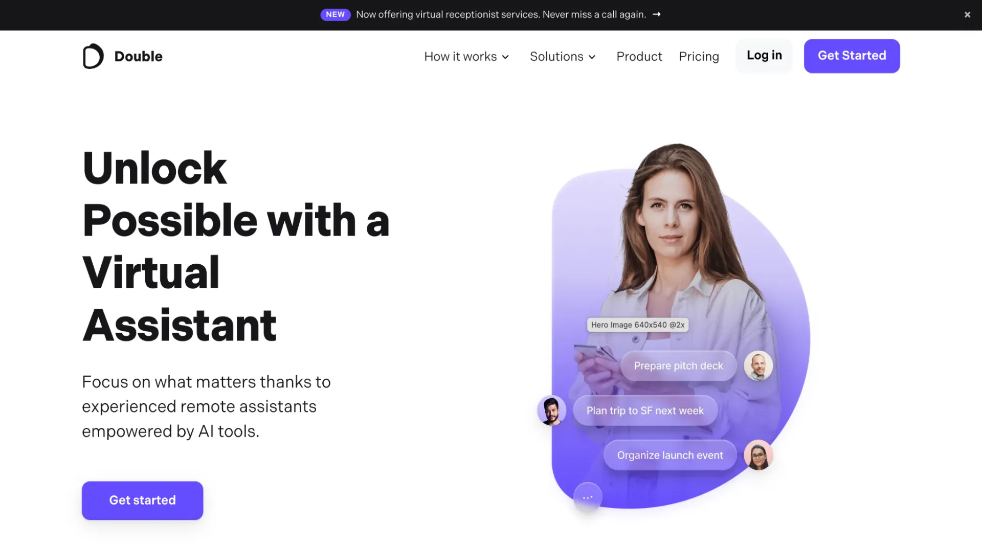 Double virtual assistant platform landing page displaying an AI-empowered remote assistant managing task workflows like pitch decks and trip planning.